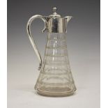 Late Victorian silver-mounted glass claret jug, with hinged domed silver cover, neck and handle over