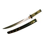 Japanese sword Wakizashi, lightly curved blade, 37cm, of robust form, possibly from a Yari, bronze