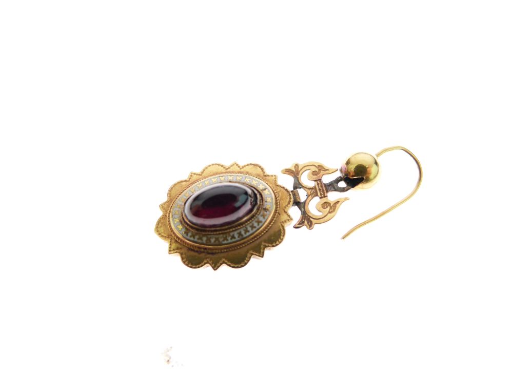 Pair of Victorian garnet and enamel drop earrings, with a scroll top fitting Condition: Unmarked - Image 2 of 5