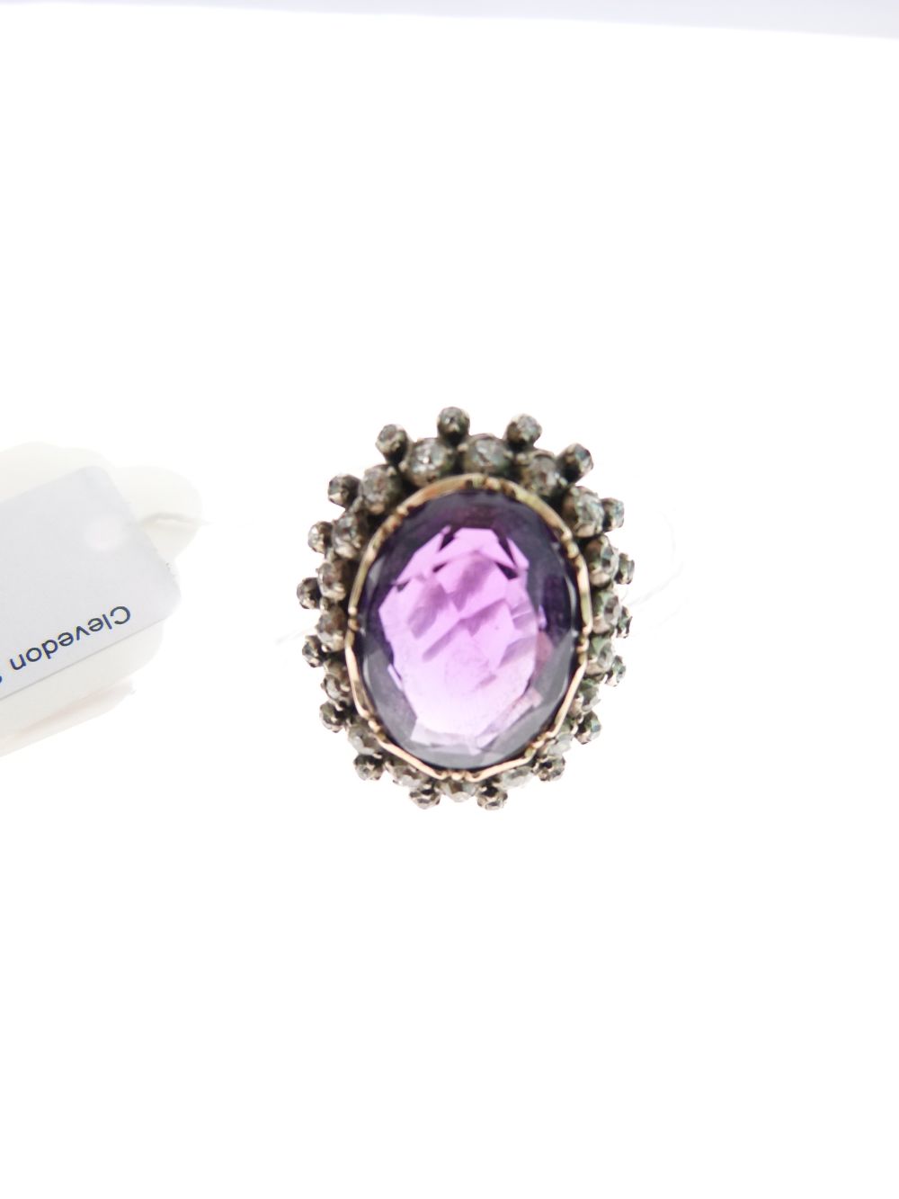 Late 19th Century amethyst and diamond cluster ring, unmarked, the oval cut measuring - Image 3 of 7