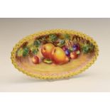 Royal Worcester porcelain oval dish, hand-painted with pears and cherries, signed C.Bowen, black