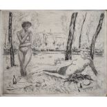 Armand Adrienne Marie Apol (Belgian 1879-1950) - Signed etching - Picnic on the riverbank, signed in