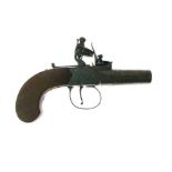 Flintlock box-lock pocket pistol, steel turn-off barrel 4cm, flat engraved frame, thumb-piece safety