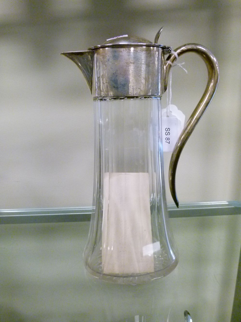 Late Victorian silver-mounted cut glass claret jug, of tapering oval section with hinged domed - Bild 3 aus 7