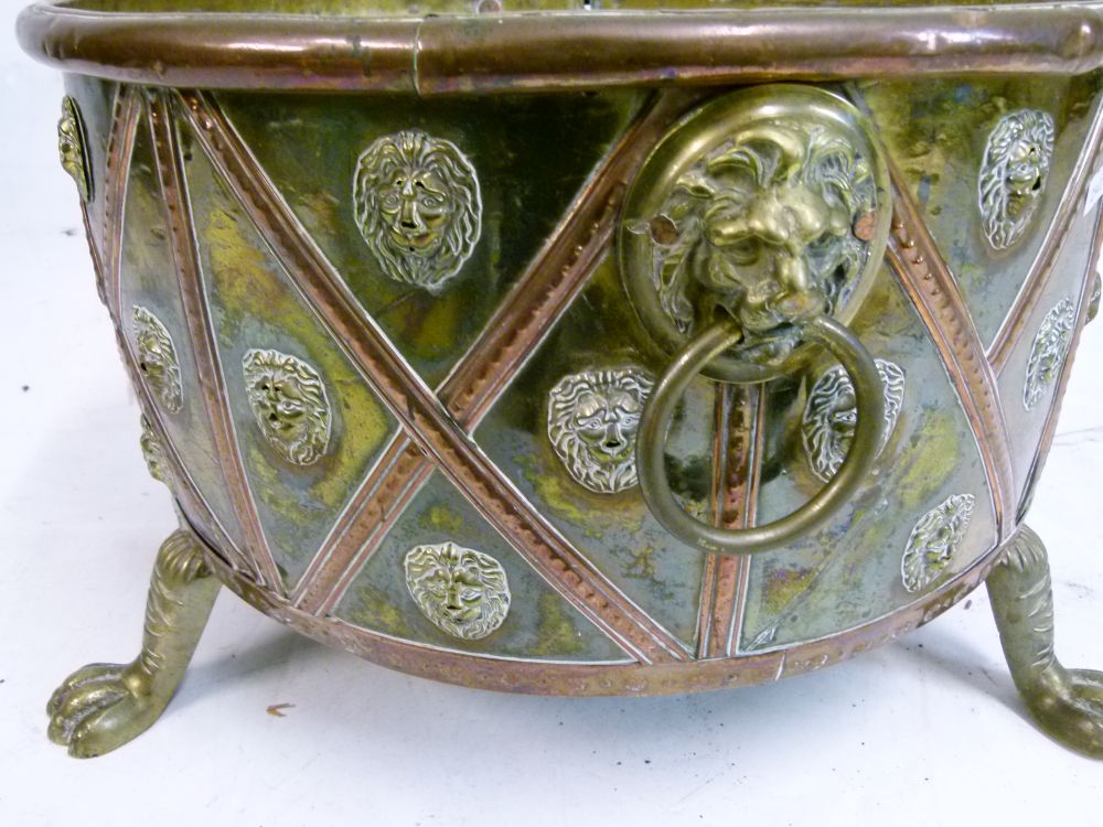 Unusual 19th Century brass and copper log bin or jardiniere, of circular form with lion mask - Image 8 of 11