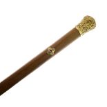 Victorian 18ct gold-mounted Malacca walking stick, the bulbous terminal with repousse scroll