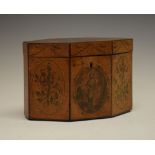 George III satinwood tea caddy, of hexagonal form, the hinged cover and front with printed figural