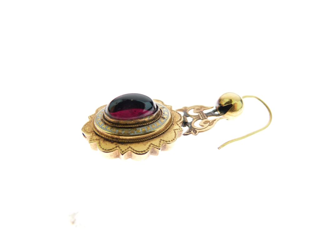 Pair of Victorian garnet and enamel drop earrings, with a scroll top fitting Condition: Unmarked - Image 3 of 5