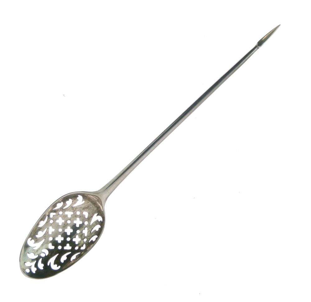 Mid 18th Century silver mote spoon, sterling and sponsors marks only, for John Lampfert, 13.8cm