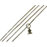 9ct gold long chain, of oval links, 135cm long, with a small seal fob attached, 32g gross Condition: