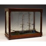 Two masted Schooner 'Mispah' wooden model diorama, black and yellow livery, flying both Union flag