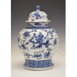 Large Chinese porcelain blue and white baluster jar and cover, the domed lid and squat balustraude