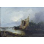 Circle of Edward Charles Williams - Oil on panel - Drying the sails, signed on reverse, 17cm x 24.