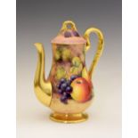 Royal Worcester porcelain coffee pot, of bulbous form, hand-painted with apples and red grapes to