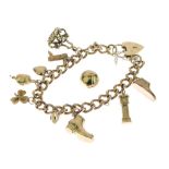 9ct gold bracelet of solid curb links, with charms attached, 47g gross Condition: Various charms