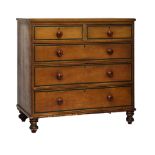 19th Century painted and grained pine chest of drawers, the moulded rectangular top with cobalt-blue