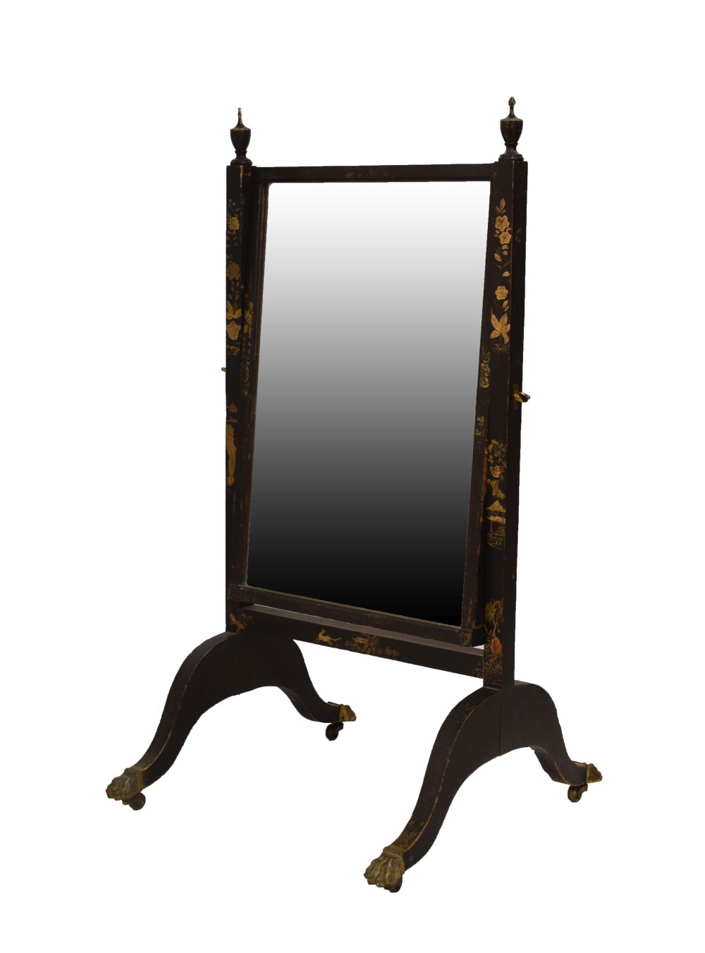 Regency black-lacquered chinoiserie cheval mirror, the plain rectangular plate within moulded