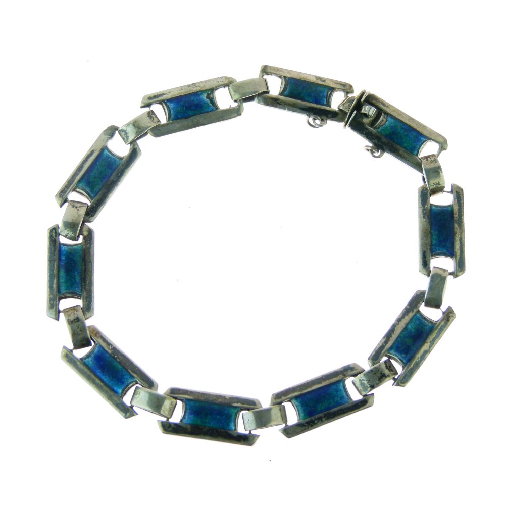 Art Nouveau enamel bracelet, in the style of J. Fenton, unmarked, silver coloured metal, 20.4cm long