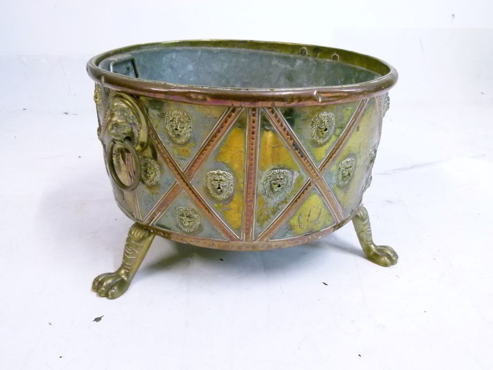 Unusual 19th Century brass and copper log bin or jardiniere, of circular form with lion mask - Image 3 of 11