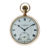 George V 9ct gold open-face pocket watch, the white Roman dial signed Thos. Russell & Son Liverpool,