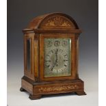 Edwardian inlaid mahogany triple-fusee musical bracket or table clock, Anonymous, circa 1900, the