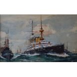 Charles Edward Dixon (1872-1934) - Watercolour with gouache - HMS Majestic - Flagship of the Channel