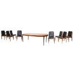 Modern Design - 1960's period teak dining suite comprising: extending table with two insertions,