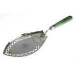 George III silver fish slice, with pierced decoration and green stained ivory handle, sponsors