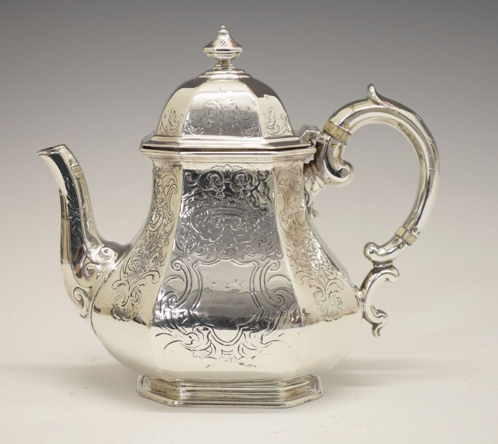 Early Victorian silver teapot, of octagonal-faceted bulbous form, London 1844, sponsors Edward,