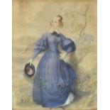 19th Century Continental School - Watercolour - Full length portrait of a lady in blue dress with