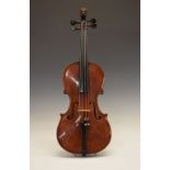 Late 19th Century violin, well-carved lion headed terminal with protruding red-painted tongue, two-