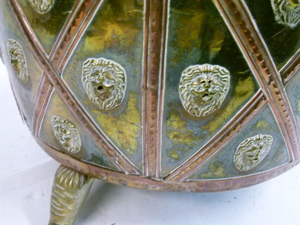 Unusual 19th Century brass and copper log bin or jardiniere, of circular form with lion mask - Image 9 of 11