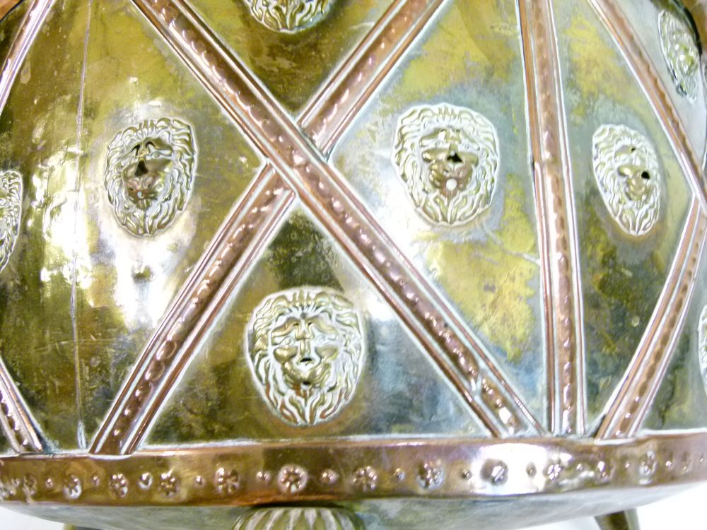 Unusual 19th Century brass and copper log bin or jardiniere, of circular form with lion mask - Image 7 of 11
