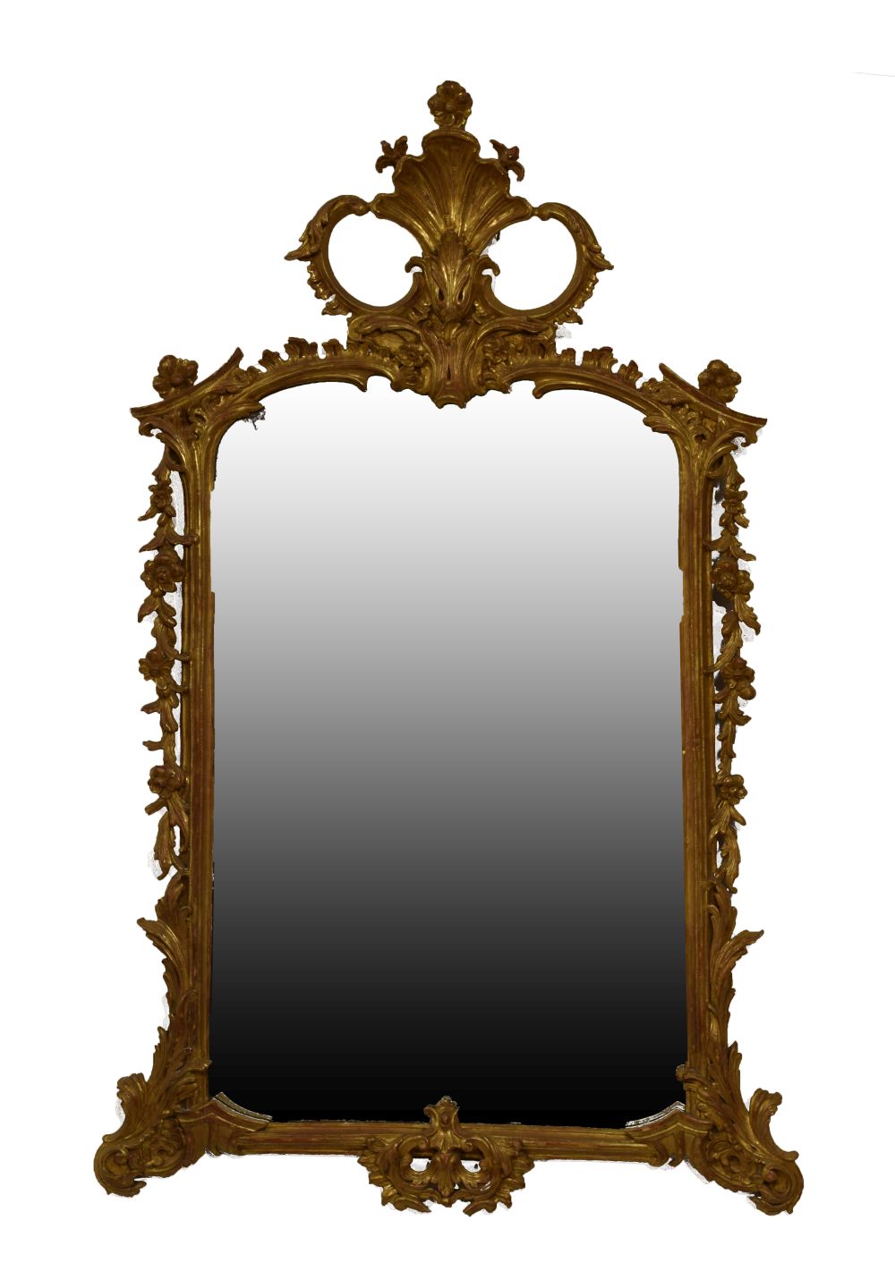 20th Century Chippendale Revival giltwood and gesso wall mirror, the plain plate within foliate