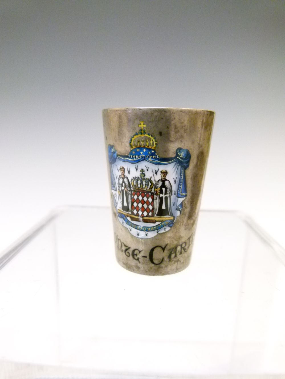 Continental white metal tot beaker of tapering cylindrical form with enamel arms of 'Monte Carlo', - Image 2 of 8