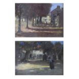 Mark Senior (Staithes Group) (1864-1927) - Pair of pastels - Figures in a village square bordered by