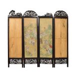 Early 20th Century Chinese carved hardwood four-fold dressing screen, retaining two large painted