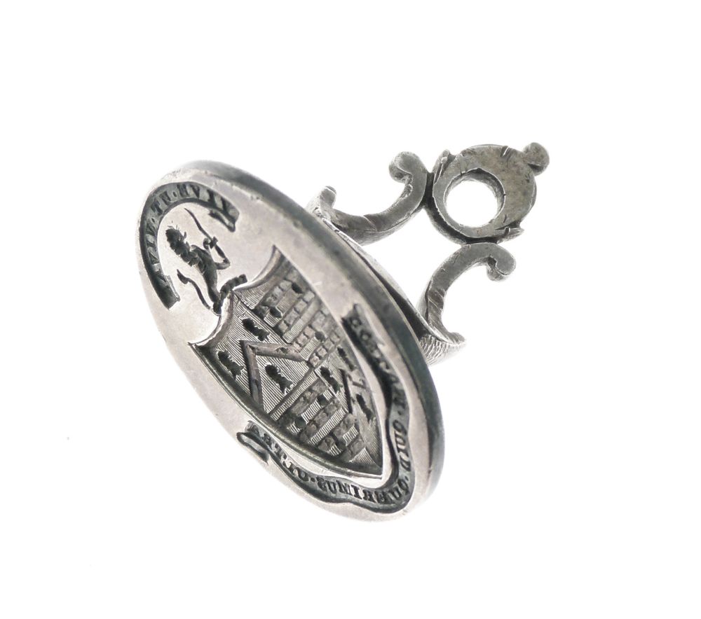 Hester Bateman - George III silver fob seal, the oval matrix with armorial shield and banner 'Vive