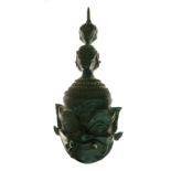 Sino-Tibetan bronzed cast relief mask, modelled as a Mahakala, with two-tier headdress, each of