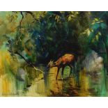 Kenneth Webb (Irish 1927-) RWA FRSA RUA - Oil on canvas - 'Forest Deer', 40cm x 50.5cm, bearing