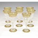 Matched set of eight St. Louis, France crystal ware wine glasses having floral gilt etched borders