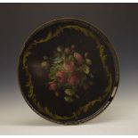 Large painted Toleware circular gallery tray, the field painted with a spray of pink roses and