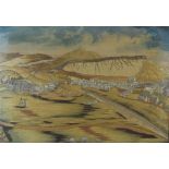 18th/19th Century silk needlework panel - A view across Edinburgh to Arthur's Seat, 46cm x 66cm,