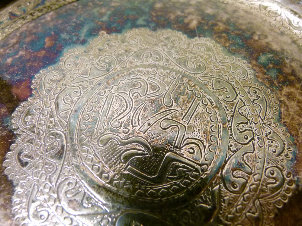 Antique Middle Eastern or Indian white metal card tray, of circular form with central medallion of - Image 9 of 11