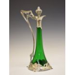 Art Nouveau WMF claret jug and stopper, No.191, with trumpet-form green glass body, pierced berry