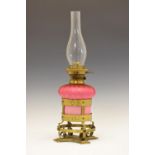 Unusual late Victorian Aesthetic period brass and satin glass oil lamp, the satin glass reservoir