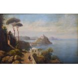 19th/20th Century Italian School - Oil on board - Italian coastal landscape with figures on a