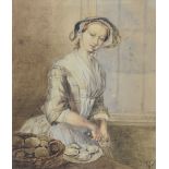 F.W. (19th Century English School) - Watercolour - Young woman opening oysters, monogrammed and