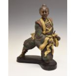 Large cold-painted bronze figure of a Japanese Samurai, modelled kneeling upon one knee upon