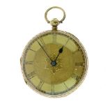 Victorian lady's 18ct gold open-faced fob watch, gilt Roman dial with matted centre, movement signed